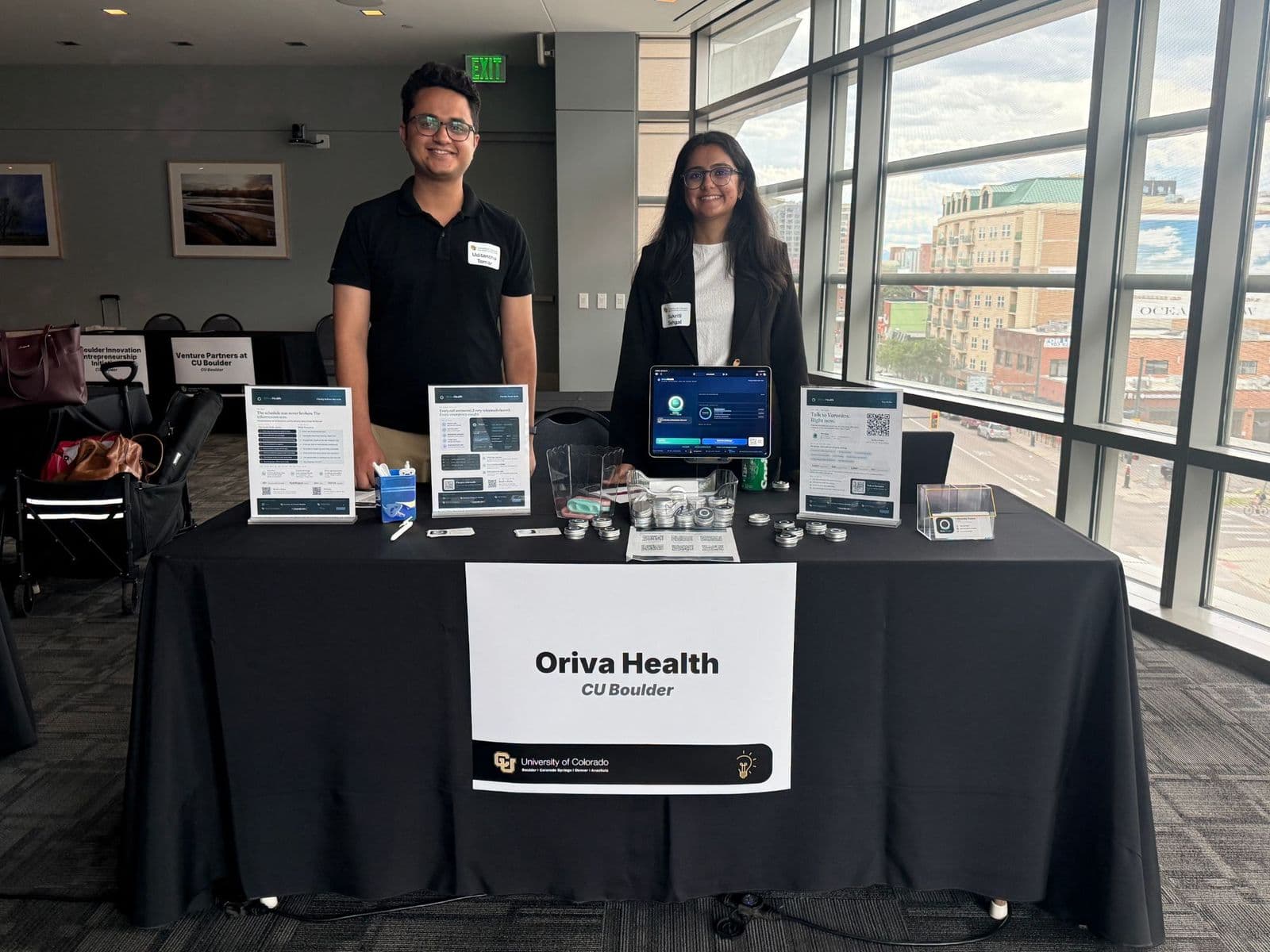 Uditanshu Tomar and Sukriti Sehgal at the Oriva Health booth, CU Innovation Day 2026